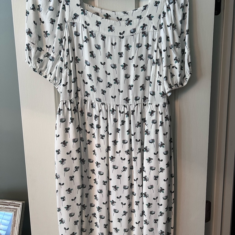 LOFT Ivory Dress with Black and Green Floral Design